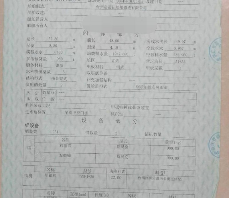 出售:1000吨沿海散货船