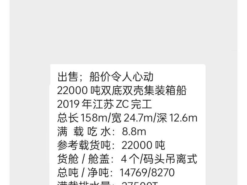 出售编号209 19年22000吨集装箱船
