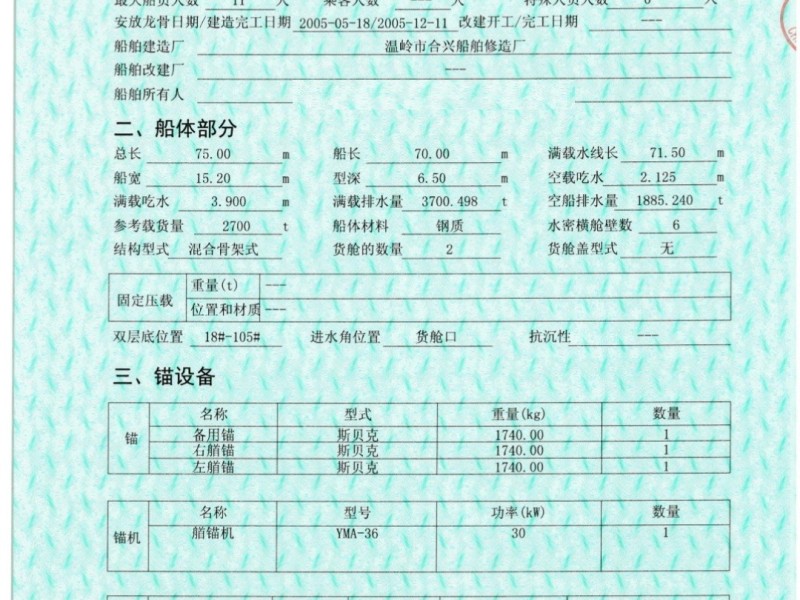 出售编号035 05年2700吨集装箱船