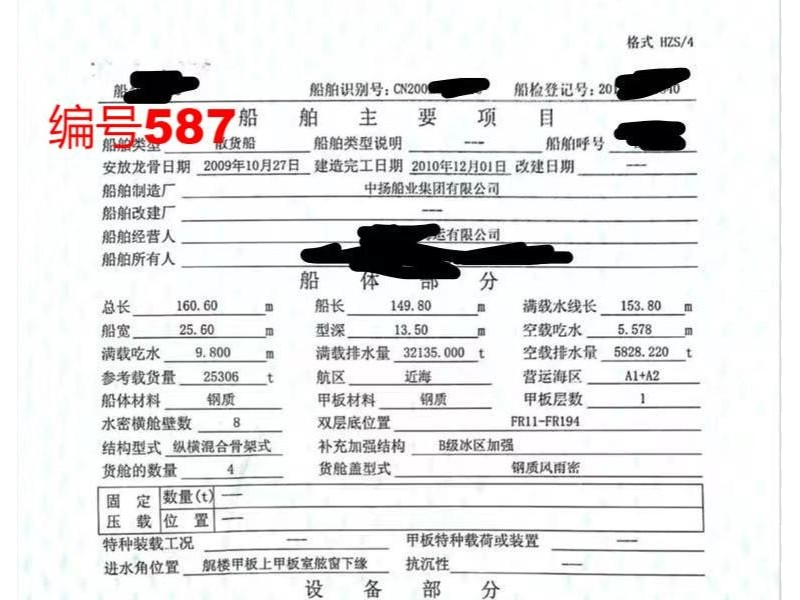 出售编号587 10年25306吨散货船