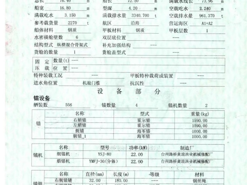 出售编号988 14年2270吨甲板货船