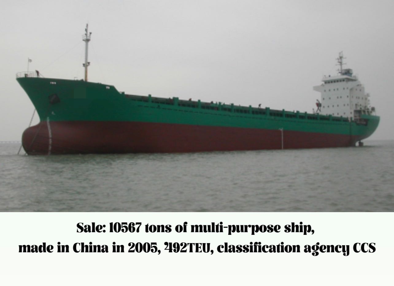 Sale: 10567 tons of multi-purpose ship, made in China in 2005, 492TEU, classification agency CCS