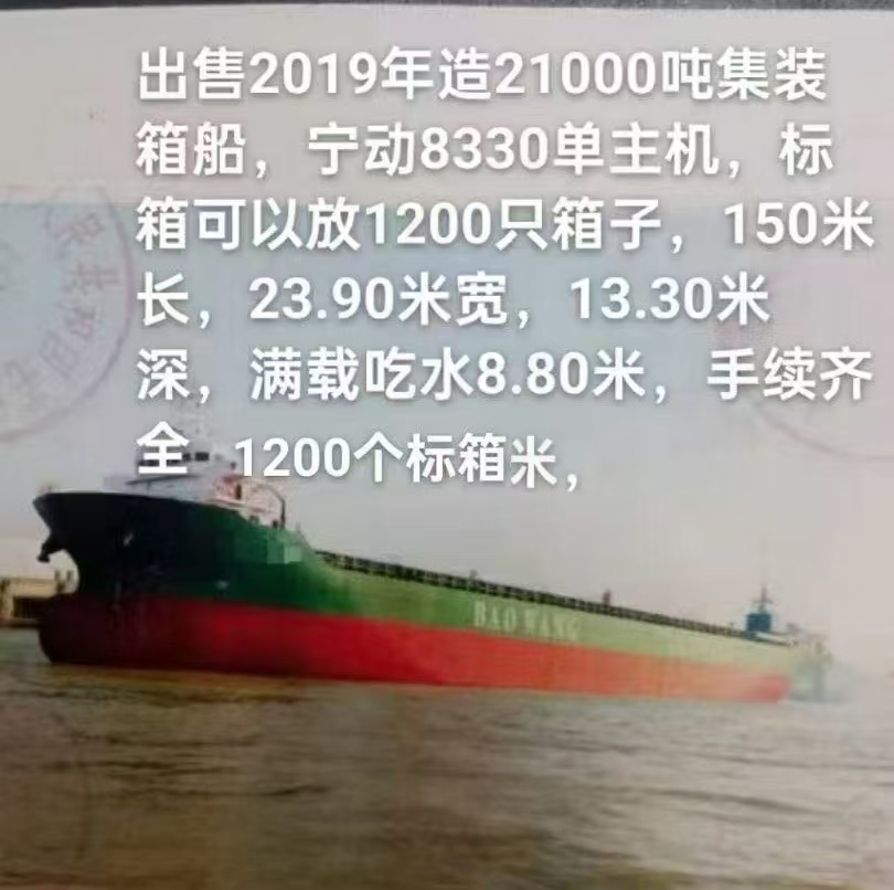 出售2019年造1200个标箱近海21000吨集装箱船
