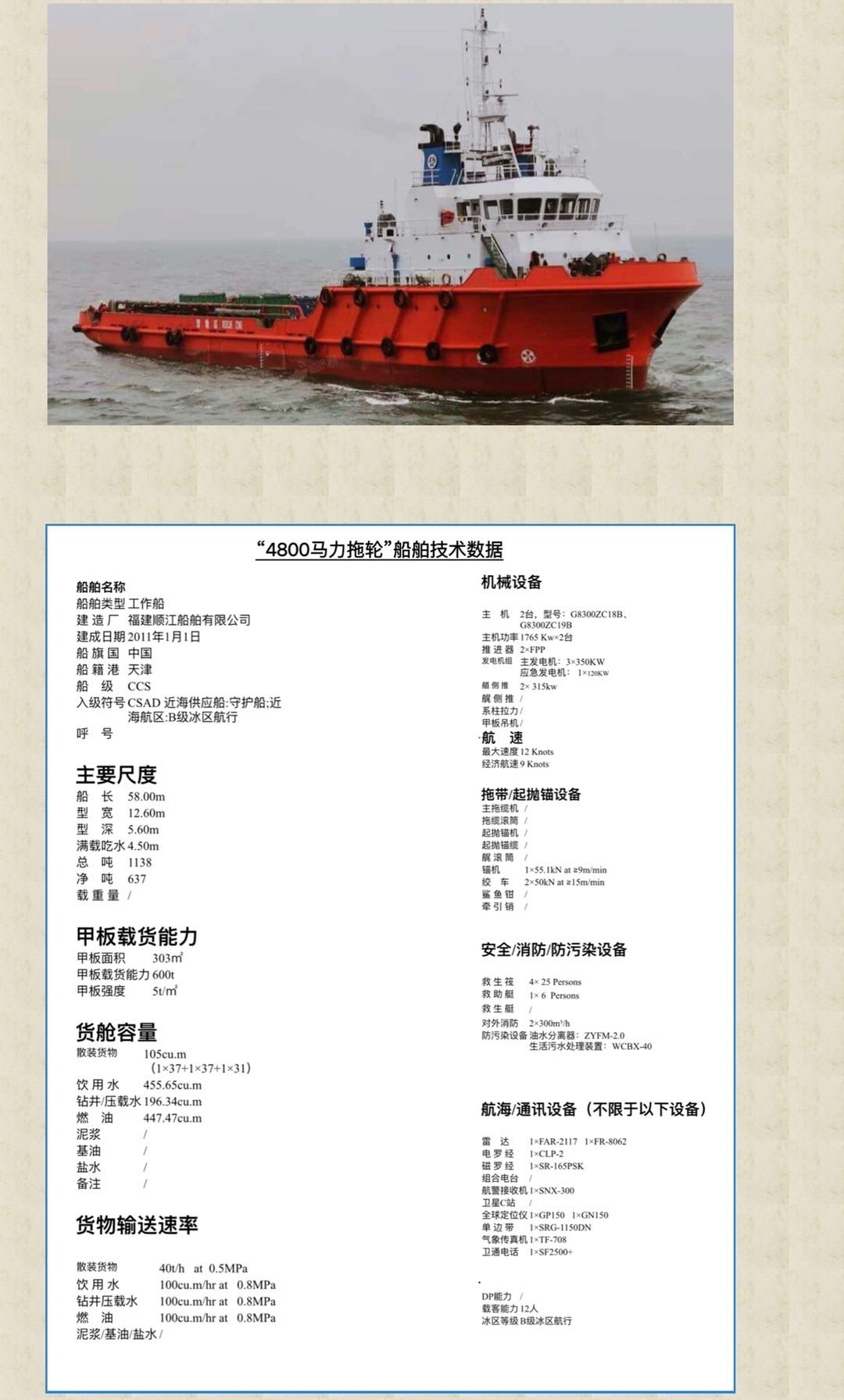 出售：4800马力拖轮，2011年中国建造，船级CCS Sale: 4800 horsepower tugboat, made in China in 2011. Classification