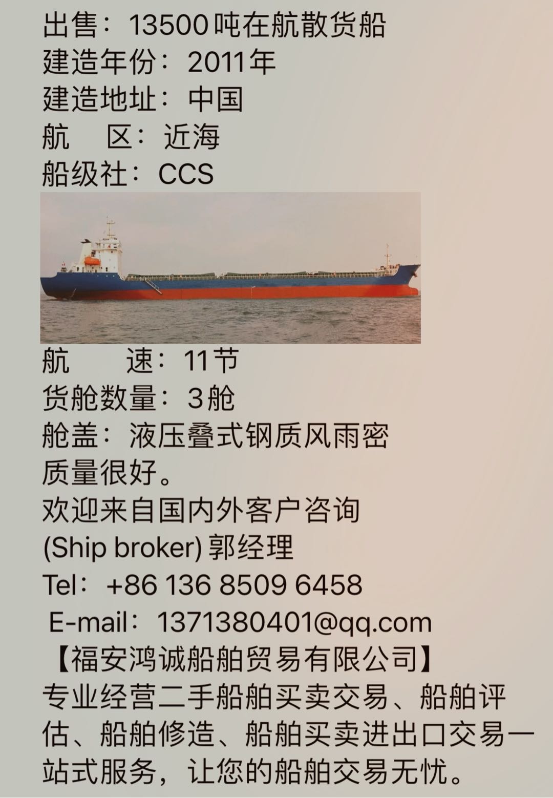出售：13500吨在航散货船 建造年份：2011年 建造地址：中国 - 图片 2