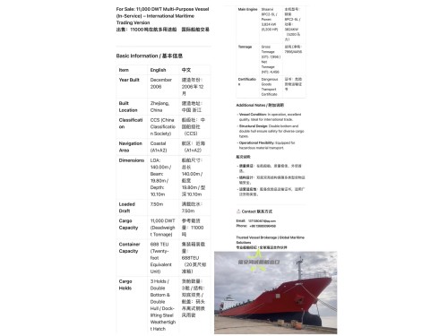 出售:11000吨在航多用途船 装载集装箱:688 TEU 建造年份:2006年12月图2