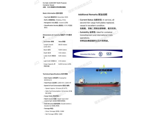 For Sale: 5,000 DWT Multi-Purpose Container Vessel 出售:5000吨多用途集装箱船 2005年12月造图3