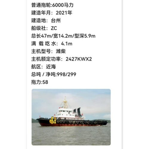 出售2021年造6000马力近海普通拖轮