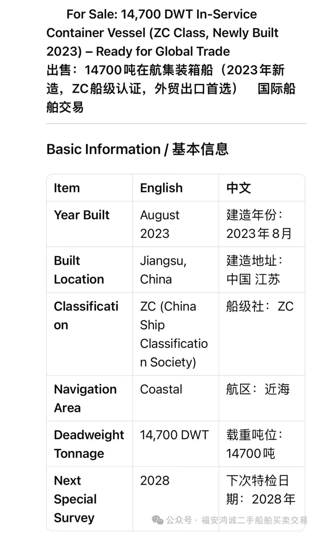 出售：14700吨在航集装箱船 建造年份：2023年8月 建造地址： 中国  江苏 - 图片 2
