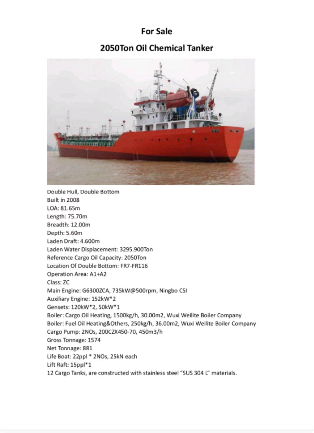 出售2050吨化学品船Sell 2,050 ton chemical ship