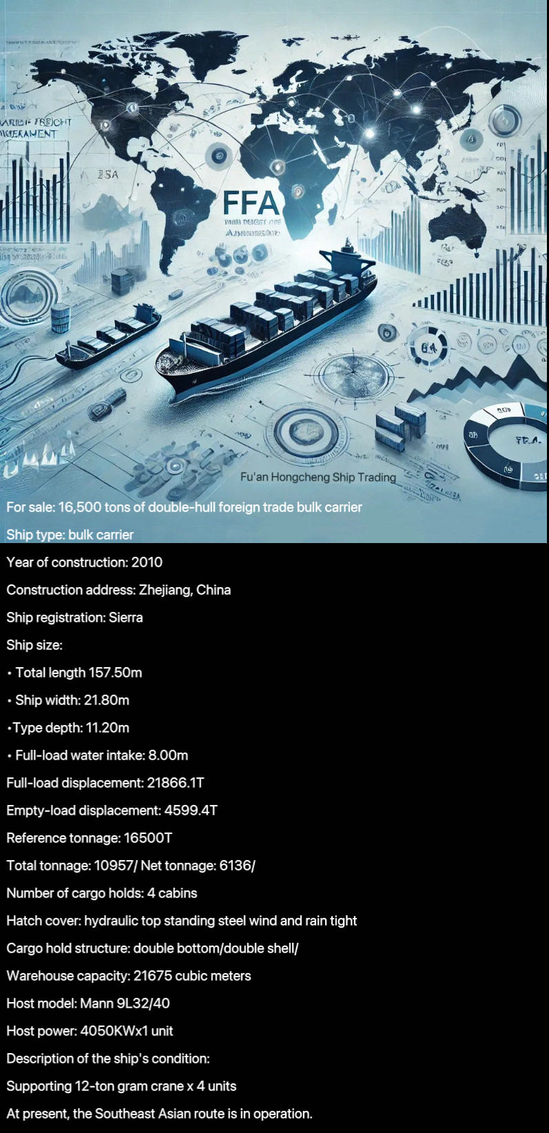 出售：16500吨双壳外贸散货船  船舶类型：散货船 建造年份： 2010年
