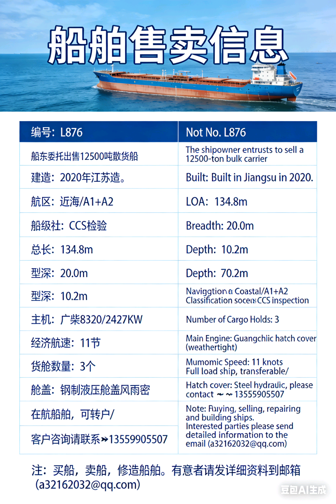出售12500吨散货船Sell 12,500-ton bulk carrier