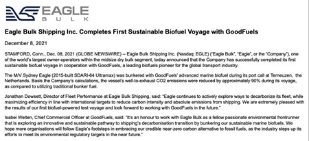 Eagle Bulk与GoodFuels合作完成首个可持续生物燃料航次