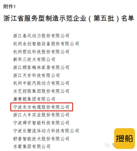 东方电缆获评“浙江省服务型制造示范企业”