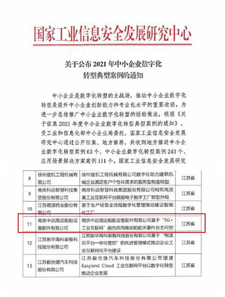 南京船配“5G+工业互联网”融合应用案例成功入选国家典型案例