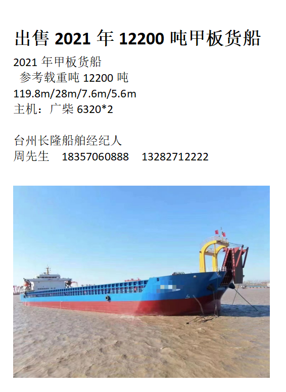 出售2021年12200吨甲板货船3580w