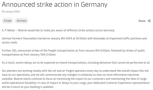马士基警告：德国罢工致运输严重延误！