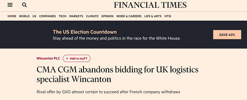 达飞放弃收购英国物流公司Wincanton